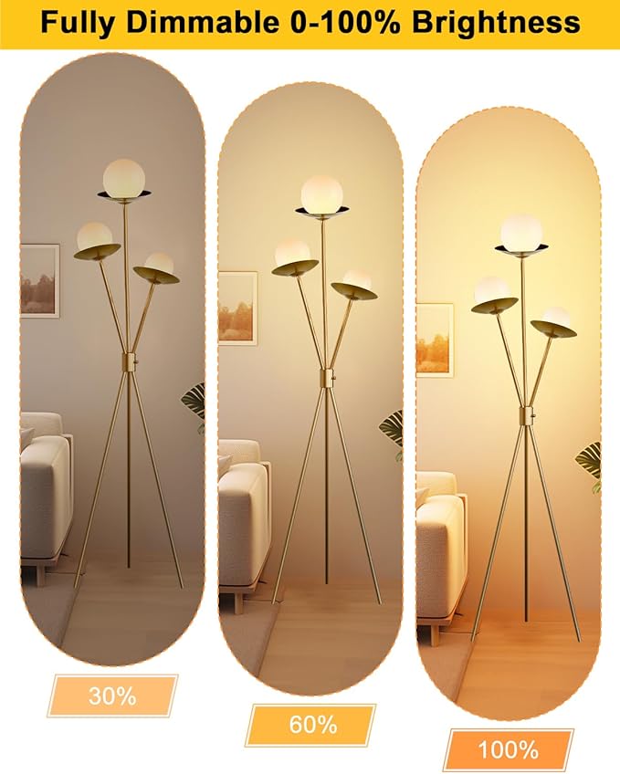 Lightdot Tripod Floor Lamp Dimmable Globe Floor Lamps with 3 LED Bulbs, 3000K Soft Warmwhite Mid Century Modern Standing Lamps Gold Tall Lamp for Living Room Bedroom