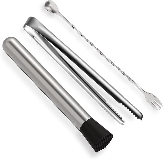 Muddler for Cocktails,10" Bar Spoon & Ice Tongs with Serrated Tip, 3Pcs Stainless Steel Bar Tools Set for Mojitos, Lemonade, Fruit Drinks, Home Party Bar Accessories
