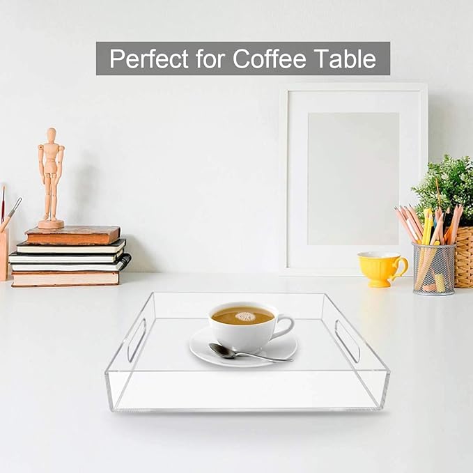 NIUBEE Acrylic Serving Tray 14x18 Inches -Spill Proof- Clear Decorative Tray Organiser for Ottoman Coffee Table Countertop with Handles