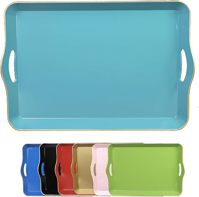 Teal Blue Decorative Tray for Coffee Table with Handles, Plastic Rectangular Serving Tray for Living Room, Bathroom, Outdoors, 11.8"*17.3"
