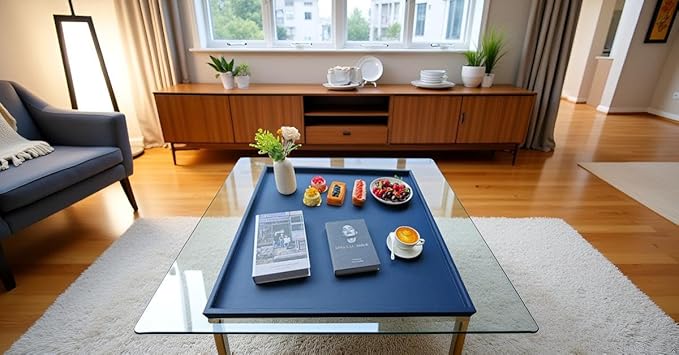 30 * 30 Inch Rectangular Ottoman Tray | Textured PU Leather, Waterproof & Heat-Resistant Storage for Coffee/Dining Tables, Sofa, Bed, Entertainment & Party (Navy Blue, 30 * 30in)