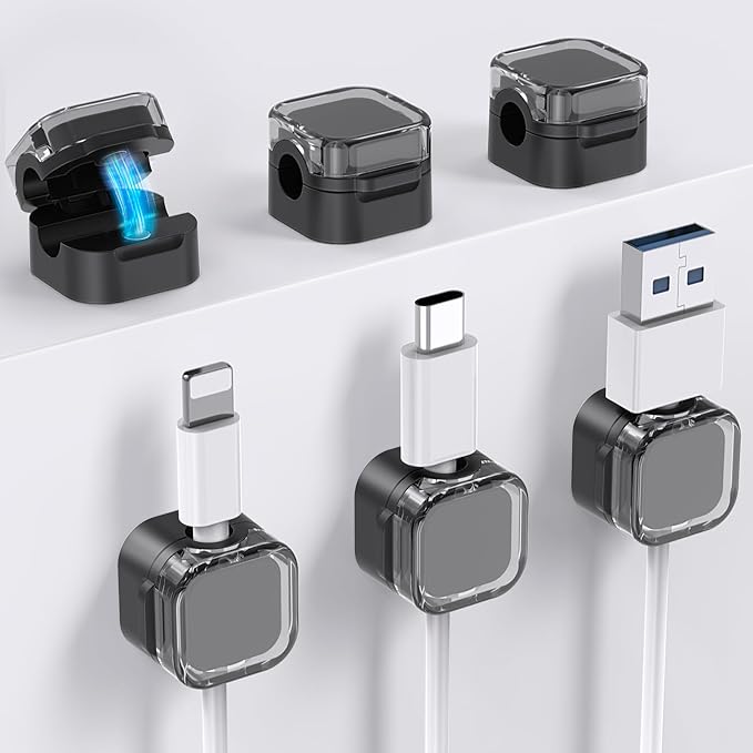 AhaStyle Magnetic Cable Organizer [1s Lock] 6 Pack Cord Cable Holders Clips Strong Adhesive Cable Cord Keeper [Smooth Adjustable] Hide Wire Cord Organizer for Nightstand Kitchen Car Office (Black)