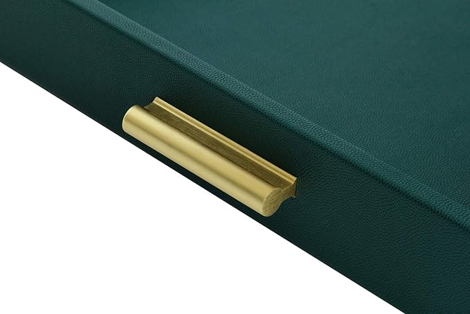 HofferRuffer Extra Large Serving Tray with Handles, Elegant Faux Leather Storage Decorative Tray for Coffee Table, Ottoman, Console Table (Green Tray+Golden Handle)