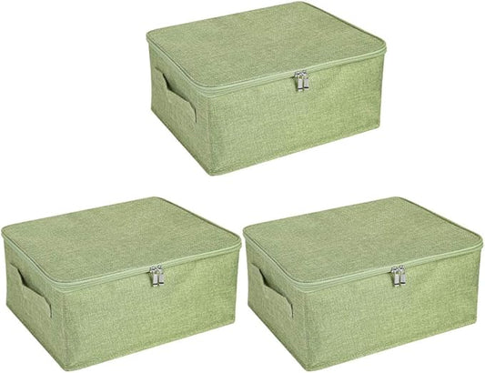 ANMINY 3PCS Storage Bins with Zipper Lids 13 Qt Lidded Fabric Storage Boxes Baskets Cubes with Handles Collapsible Washable Cotton Linen Closet Shelf Clothes Organizer Containers - Green, Small