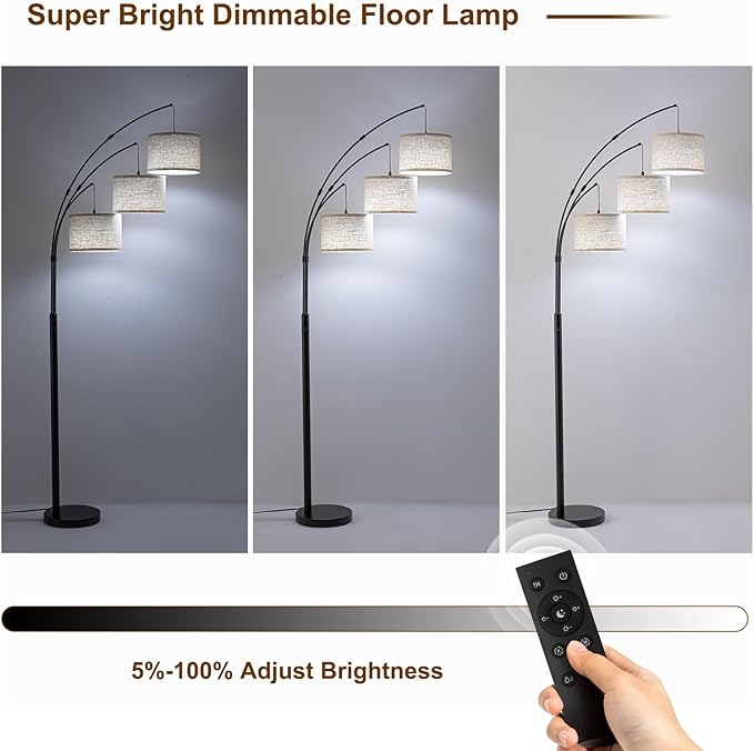 Arc Floor Lamp, 3 Light Floor Lamp with Remote, 2400LM Super Bright Tall Standing Lamp with 3 Color Temps & Dimmable, 80" Mid Century Tree Floor Lamps for Living Room, Bedroom, Office