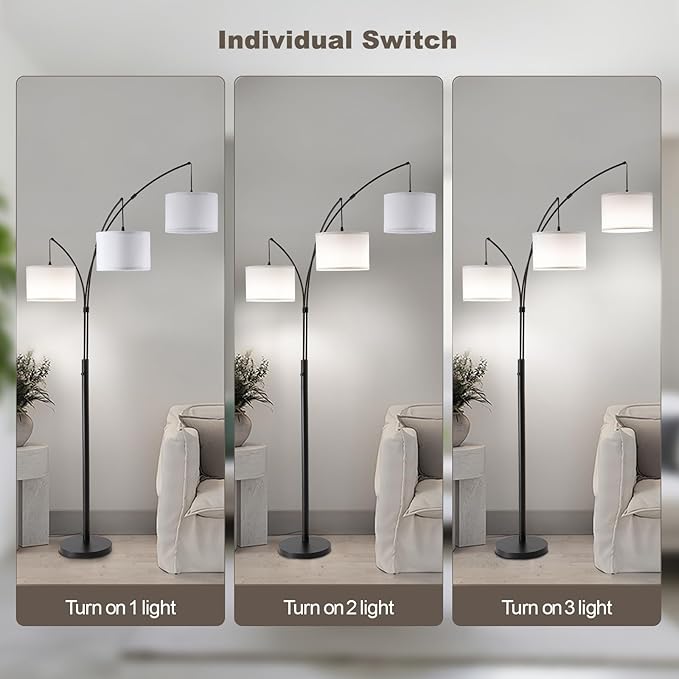 Floor lamp with Remote, 3 Light Arc Floor Lamps for Living Room, 2400LM Tall Standing Floor Lamps with White Shades, 80" Large Floor Lamp for Bedroom, Office