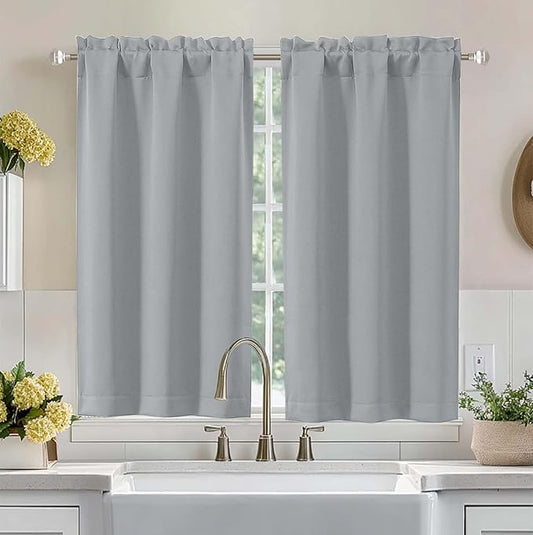 Aiyufeng Silver Grey Short Blackout Curtains for Bedroom 45 Inches Long 2 Panels, Solid Thermal Insulated, Energy Saving Window Treatment Curtains Blackout Drapes, W40 x L45 Inch, Silver Grey