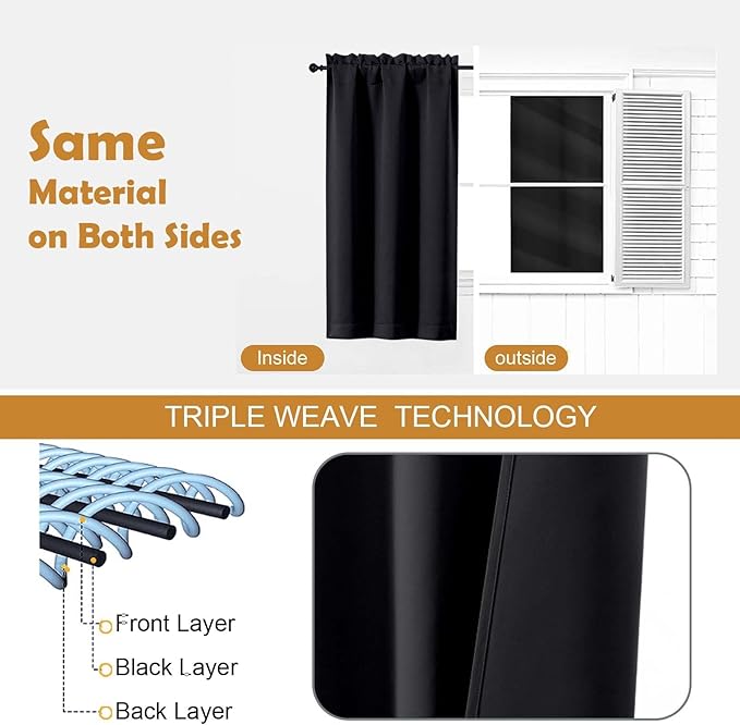 Aiyufeng Halloween Black Short 36 Inches Blackout Curtain 2 Panels Set, Half Window Rod Pocket Privacy Curtain Tiers for Kitchen, Curtains Blackout for Bathroom Shades, W40 x L36 Inch, Black