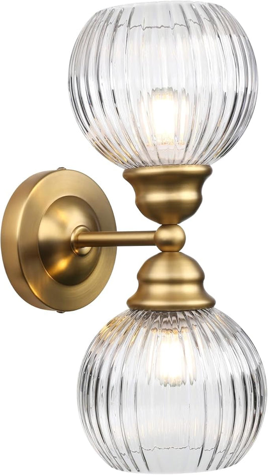 Pathson 2 Heads Wall Sconce Striped Glass Shade, 2-Light Modern Bathroom Sconces Wall Vanity Light Fixtures Brass Finish, Vintage Wall Sconce Lamp for Mirror Living Room Bedroom Farmhouse Lighting