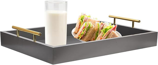 Decorative Coffee Table Ottoman Trays Modern Wood Elegant 16"x12" Rectangle Glossy Shagreen Serving Trays with Gold Metal Handles -Drinks, Liquor Serving Platter for All Occasion's (Grey)