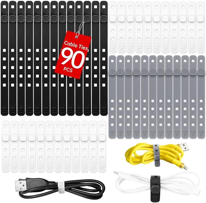 AROIC 90Pcs Silicone Cable Ties with 3 Sizes,Reusable and Washable with Adjustable Locking Buckle Design, Cord Organizer for Home, Office, Travel Essential, School (3 Colors)