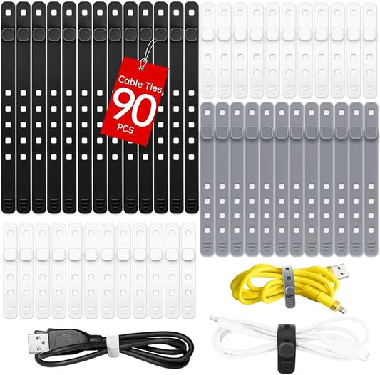 AROIC 90Pcs Silicone Cable Ties with 3 Sizes,Reusable and Washable with Adjustable Locking Buckle Design, Cord Organizer for Home, Office, Travel Essential, School (3 Colors)