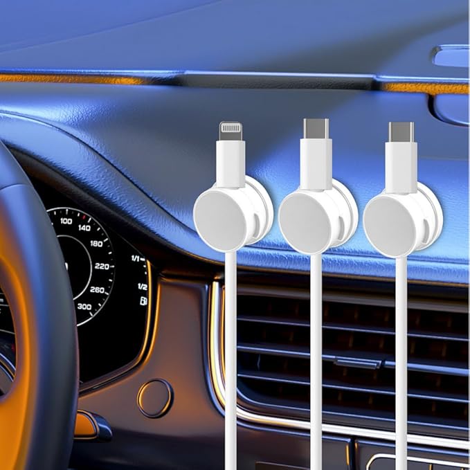 9 Pack Rotatable Magnetic Cord Organizer, Phone Cable Management, Desk Charger Cords Holder, No-Residue Adhesive Cables Clips for Kitchen, Office, Car, Nightstand（White）