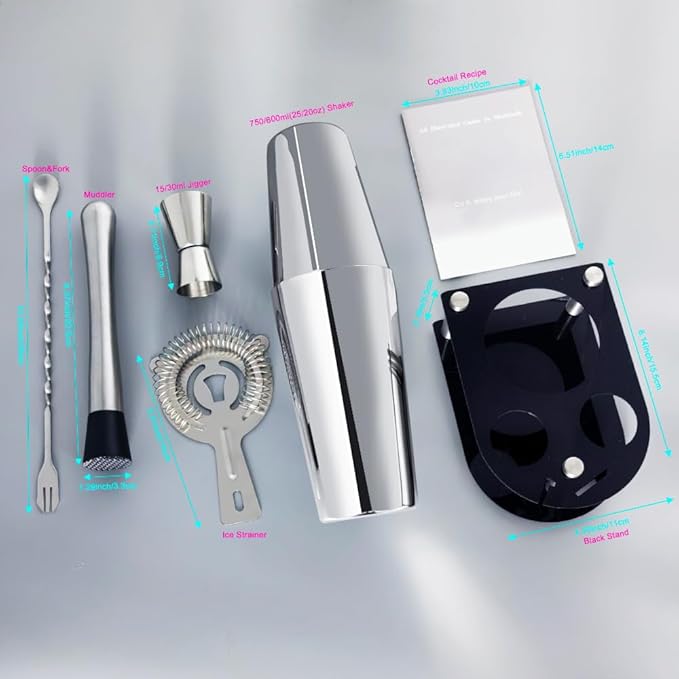 5 Piece Cocktail Shaker Bartender Kit: 750/600ml(25/20oz) Cocktail Shaker Set with Stand, Drink Mixing Includes Martini Shaker,Strainer,Jigger,Bar Mixer Spoon,Muddler Bar Tool Set (Silver)