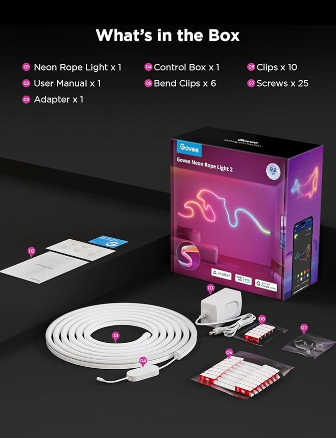 Govee RGBIC Neon Lights, LED Smart Neon Rope Light 2 Works with Matter, Alexa, Google Assistant, Custom DIY Neon Strip Lights for Bedroom and Wall Decor, Softer Material, 9.8ft, White