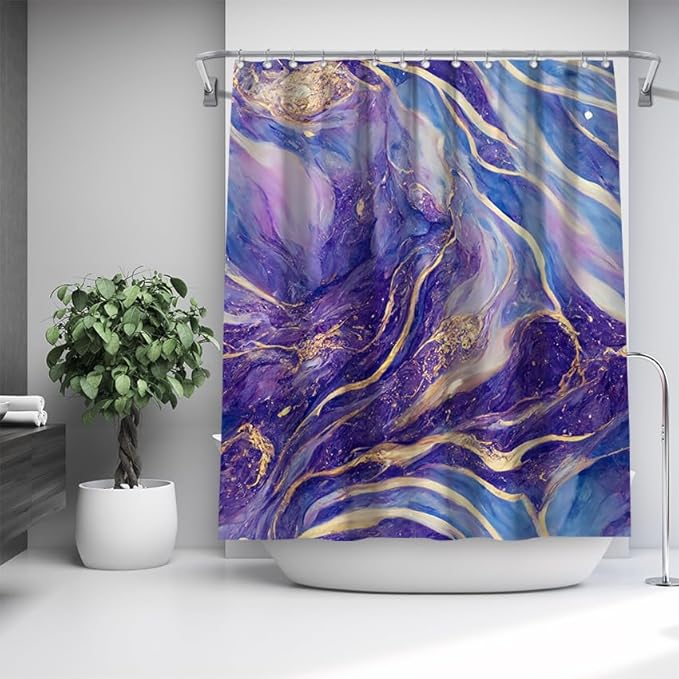 Domoku Purple Blue and Gold Marble Shower Curtain,Abstract Modern Bathroom Decor, Waterproof Washable Fabric Shower Curtain, 72 X 72