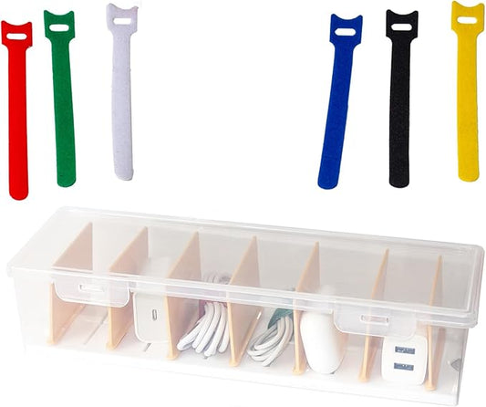 Clear Cable Organizer Box with 10 Reusable Cable Ties, Cord Management Case for Phone Chargers, Wires, Electronics. Desk Drawer Storage Organizer for Home, Office.