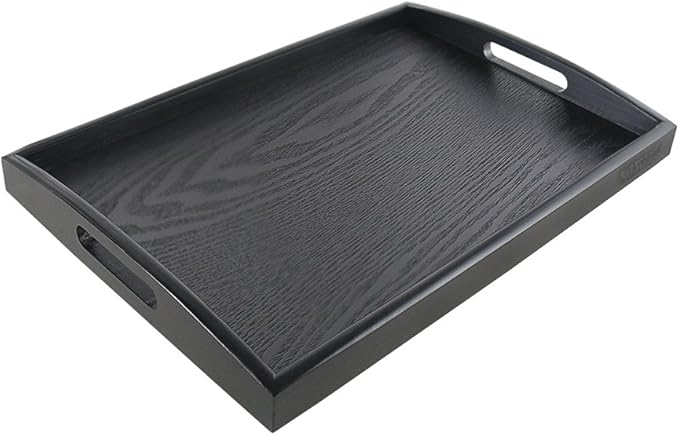 Serving Tray Black Large Food Tray Breakfast Tray Wood Butler Tray with Handle 17.77 x 13.72 x 1.78
