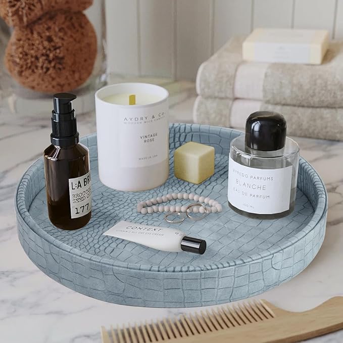 HofferRuffer Faux Leather Round Serving Tray, Vegan Croco Leather Decorative Tray, Food Tray for Storage Drinks, Snack & Cosmetics, Dia.12'' x 1.6'' (LightBlue)