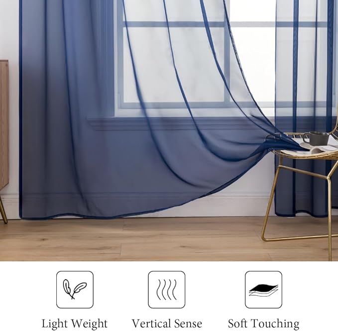 MIULEE 2 Panels Solid Color Sheer Window Curtains Elegant Window Voile Panels/Drapes/Treatment for Bedroom Living Room (54X45 Inches Dark Blue)