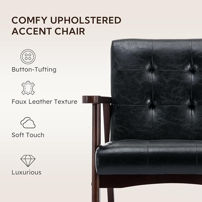 Bonzy Home Accent Chair - Faux Leather Mid Century Modern Chair for Living Room | Sturdy Solid Wood Frame Armchair, Comfy Retro Chair for Bedroom & Small Spaces, Accent Chairs, Black