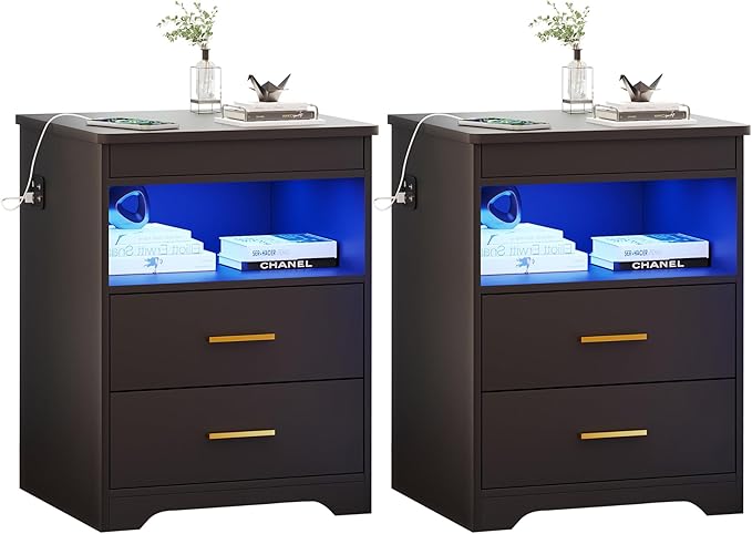 Nightstand Set of 2, Charging Bedside Table with USB & Type-C Port, LED Nightstand with Human Sensor Light, Modern End Table with Gun Drawers for Bedroom Office, Black