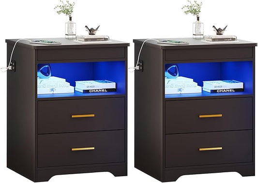 Nightstand Set of 2, Charging Bedside Table with USB & Type-C Port, LED Nightstand with Human Sensor Light, Modern End Table with Gun Drawers for Bedroom Office, Black