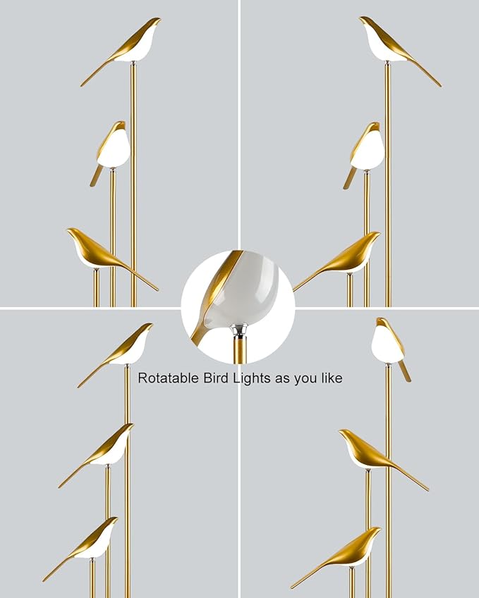 Lightdot Gold Floor Lamp for Living Room Modern Mid Century Standing Light with 3 Adjustable LED Bird Lights for Wedding Party Unique Candle Holder Style Tall Floor Lamp for Bedroom Kids Room