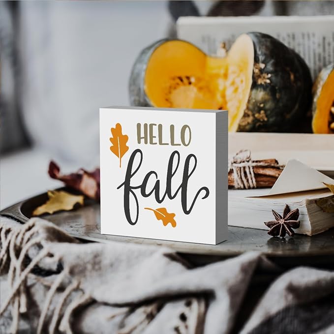 Fall Wooden Box Sign for Tiered Tray, 5.1 X 5.1 Inch Pumpkin Autumn Wood Sign for Home Living Room Harvest Day Thanksgiving Tabletop Decor - Hello Fall