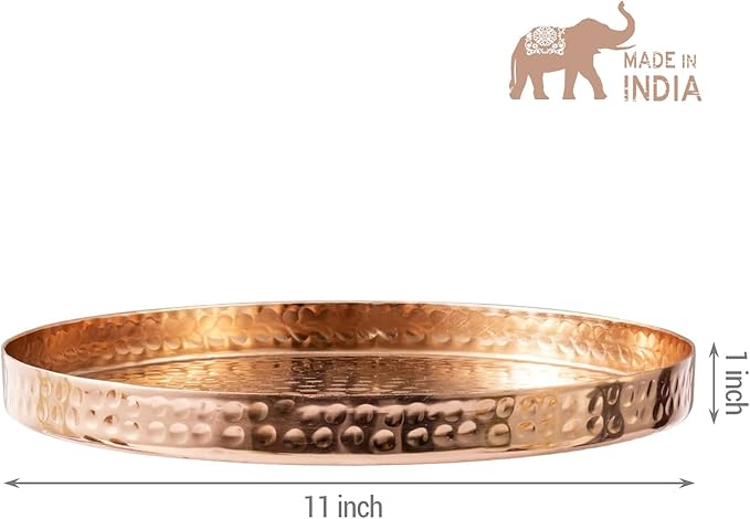 MyGift 11 Inch Deluxe Hammered Copper Round Decorative Tray - Aluminum Plated Serving Display Platter and Vanity Tray - Handcrafted in India