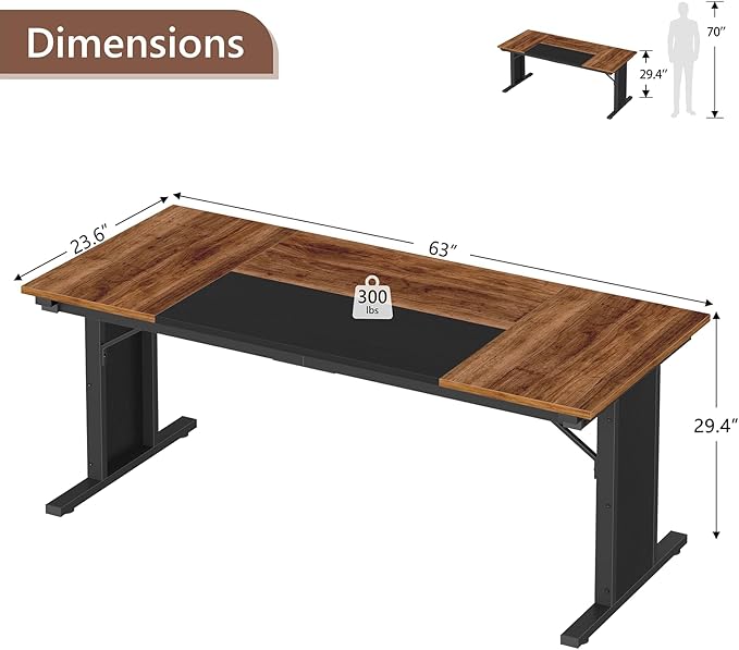 63 inch Computer Desk, Large Executive Office Desk, Gaming Desk Modern Work Desk Study Writing Table for Home Office, Brown and Black