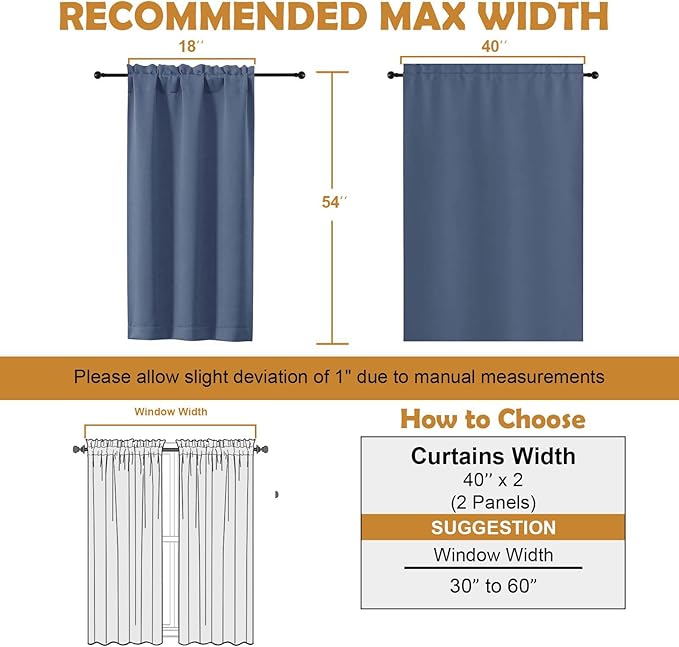 Aiyufeng Denim Blue Short Blackout Curtains for Bedroom 54 Inches Long 2 Panels Set, Solid Thermal Insulated, Energy Saving Window Treatment Curtains Blackout Drapes, W40 x L54 Inch, Denim Blue