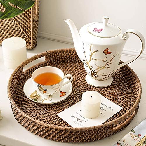 Round Rattan Woven Serving Tray with Handles Ottoman Tray for Breakfast, Drinks, Snack for Coffee Table, Home Decorative (11"x1.6", Honey Brown)