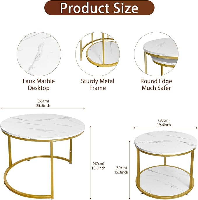 AT-VALY Coffee Table Set of 2 Nesting Tables,Round Side Table for Living Room, Small Accent Table with Storage (Gold)