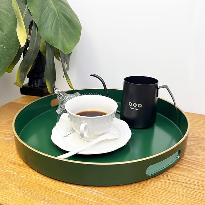 Green Round Serving Tray, Decorative Serving Trays with Handles, Coffee Table Tray Living Room, Plastic Tray for Ottoman.13