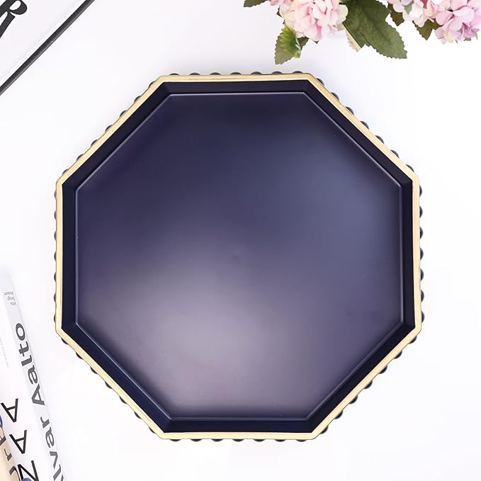 Navy Blue Octagonal Plastic Serving Tray for Coffee Table, Ottoman, Kitchen Counter, Living Room, Outdoor, Lacquered, Contemporary, 13x13x1.57 inches, Polypropylene