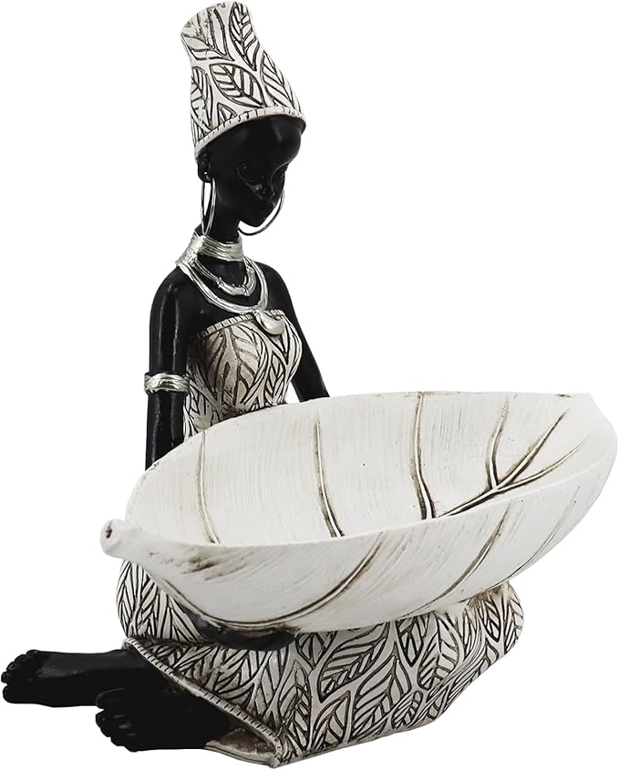 African Tribal Lady Holders Figurine, African Statue Home Decoration, Sculptures Table top Bookshelf Decor for Wedding,Church,Holiday Decor-African Decorative White Color(314-B)