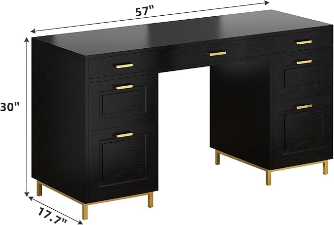 Black Computer Desk with 7 Drawers, 57 Inch Home Office Desk with File Drawers, Wood Modern Desk with Storage for Bedroom, Executive Desk with Golden Legs and Handles, Black and Gold
