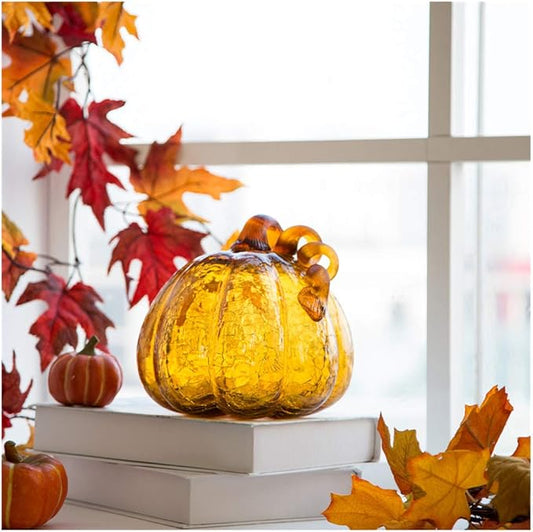 Glitzhome 6.69 Inch Amber Hand Blown Ornaments Crackle Glass Pumpkin for Fall Thanksgiving Halloween and Home Decor