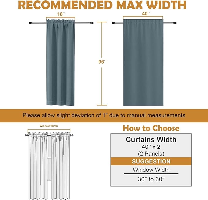 Aiyufeng Stone Blue Blackout Curtains for Bedroom 96 Inches Long 2 Panels, Thermal Insulated, Energy Saving Living Room Window Treatment Curtains Blackout Drapes, W40 x L96 Inch, Stone Blue