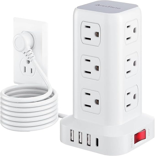 Surge Protector Power Strip 6.5 FT Cord, Power Strip Tower with 4 USB Ports (1USB C), Extension Cord with 12 AC Multiple Outlets, Home Office Supplies Desk Accessories, Dorm Room Essentials