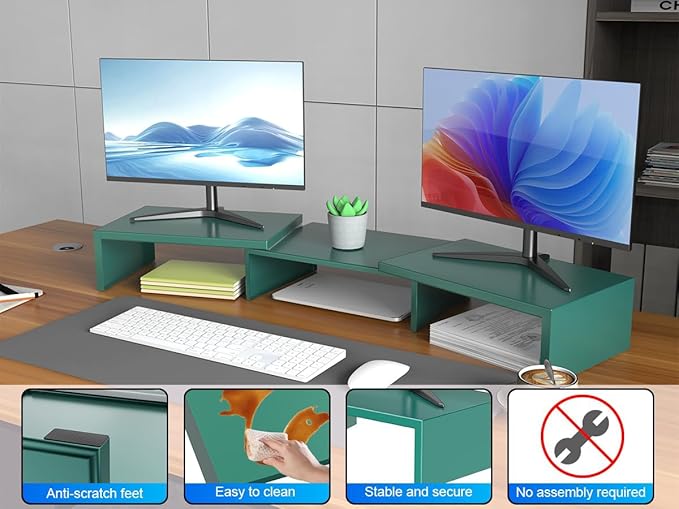 Dual Monitor Stand for Desk, Metal Computer Stand, Desk Shelf Riser,Desktop Organizer for Home and Office Use (Green)