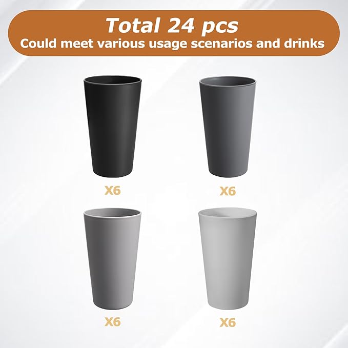 24 Pcs Unbreakable Plastic Cups Set, 20 oz Reusable Plastic Cups, Stackable Water Tumblers, Drinking Cup for Kitchen, Outdoor, BPA-free, Dishwasher Refrigerator and Microwave Safe (20 oz, 4 Colors)