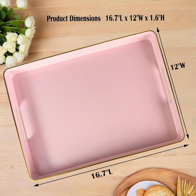 Large Pink Tray, Elegant Plastic Coffee Table Tray for Ottoman, Home Decor, Living Room.16.7"*12"*1.6"