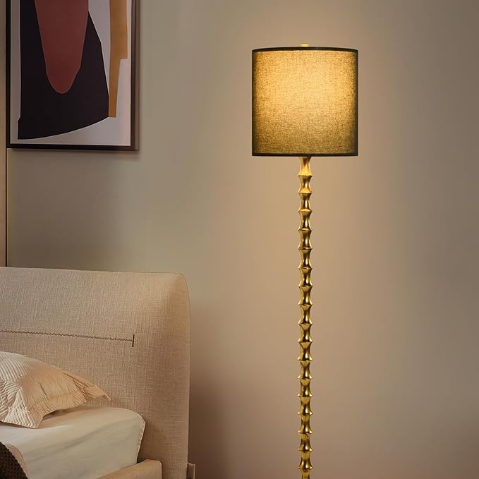 64.5" Tall Floor Lamp, Vintage Gold Finish with White/Black Linen Shade, 3-Level Lighting, Sturdy Base for Living Room, Bedroom, Nursery Decor