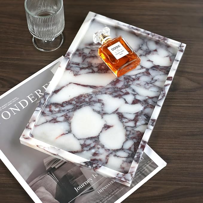 Real Luxurious Natural Marble Vanity Tray Genuine Marble Storage Tray for Home Decor Stone Tray for Bathroom/Kitchen/Vanity/Dresser,Plate Holder for Tissues, Candles, Towel
