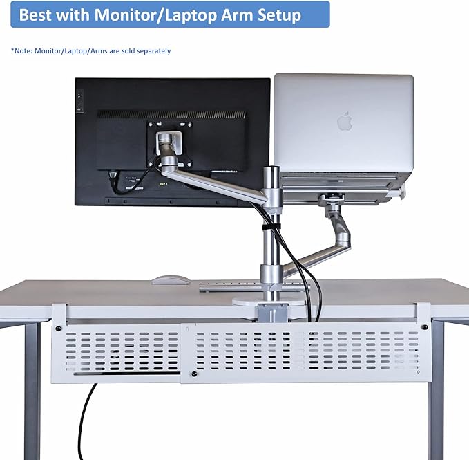 AEONS Under Desk Cable Management Tray Kit - Horizontal Adjustable up tp 41” Desk Organizer Removable C Clamp Mount Reversiable Computer Cord Raceway and Modesty Panel for Large Table, White/Beige