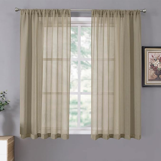 Tollpiz Sheer Curtains Linen Textured Living Room Curtain Sheers Light Filtering Rod Pocket Voile Curtains for Bedroom, 42 x 63 inches Long, Taos Taupe, Set of 2 Panels
