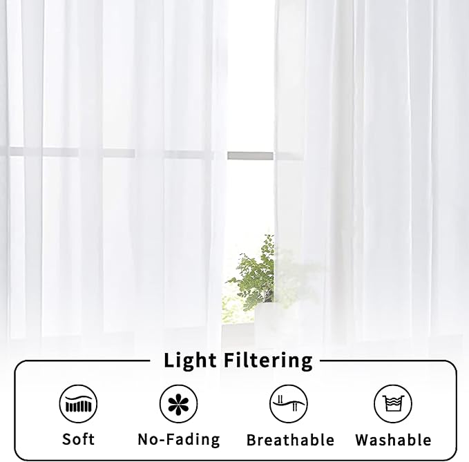 Aiyufeng 2 Piece White Sheer Curtains 63 Inch Length, Light Filtering Kitchen Curtain for Small Window, Voile Top Dual Rod Pocket, 2 x 40 W x 63" L