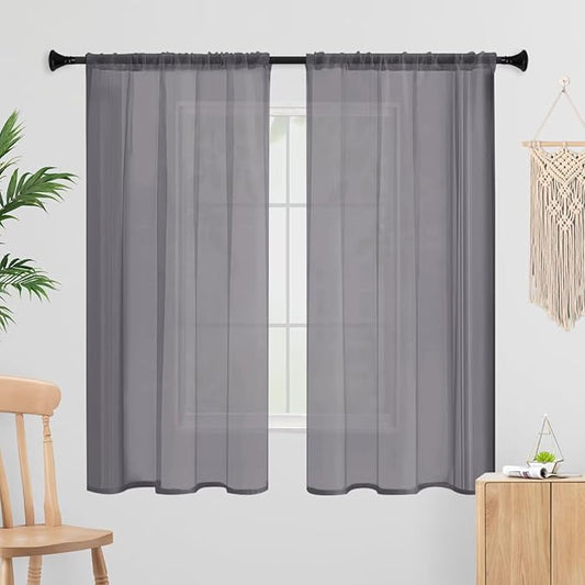 Sheer Curtains 45 Inches Long 2 Panels, Rod Pocket Short Curtain for Kitchen, Bedroom, Cafe Window(Grey 38" W x 45" L)